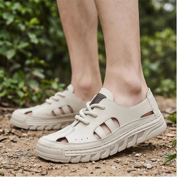 Model wearing Beige New Arrival Men Leather Sandals Slip on Beach Shoes Breathable Summer Casual Shoe Light Sandales Non Slip Male Wading Aqua Shoes outdoors