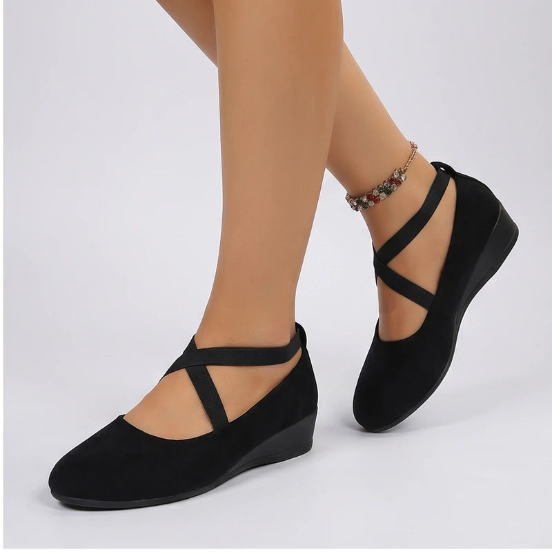 Model wearing Black Selene Ballet Criss-Cross Flats in studio - 2