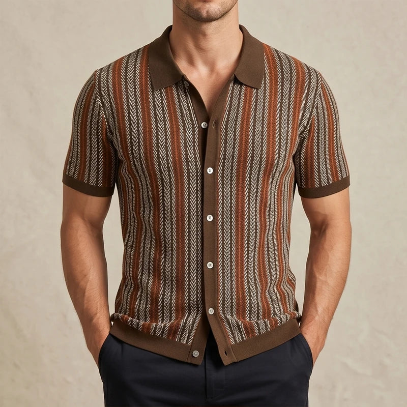 Model wearing Brown Calder Striped Button-Up Shirt in studio