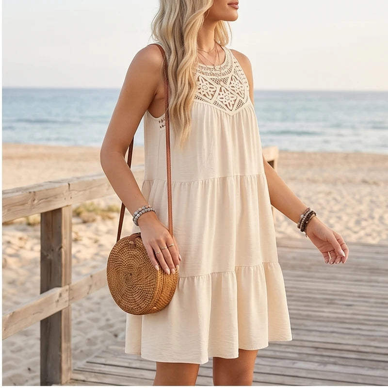 Model wearing Beige Azura Cotton Crochet Tiered Dress outdoors - 2