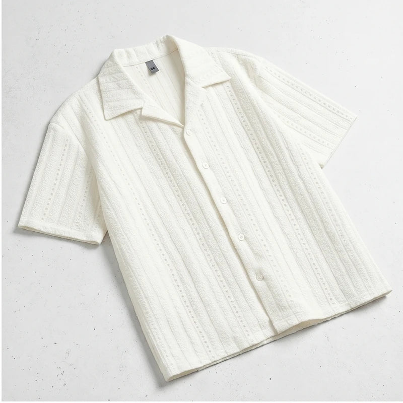 White Winslow Textured Cuban Collar Shirt flat lay product photo