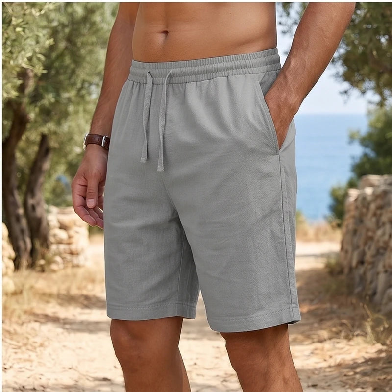 Model wearing Gray New Solid Linen Short Lightweight Gym Man Casual Pants Oversize Beach Hawaiian Baggy Pants Men Jogging Cotton Large Short Homme outdoors - 2