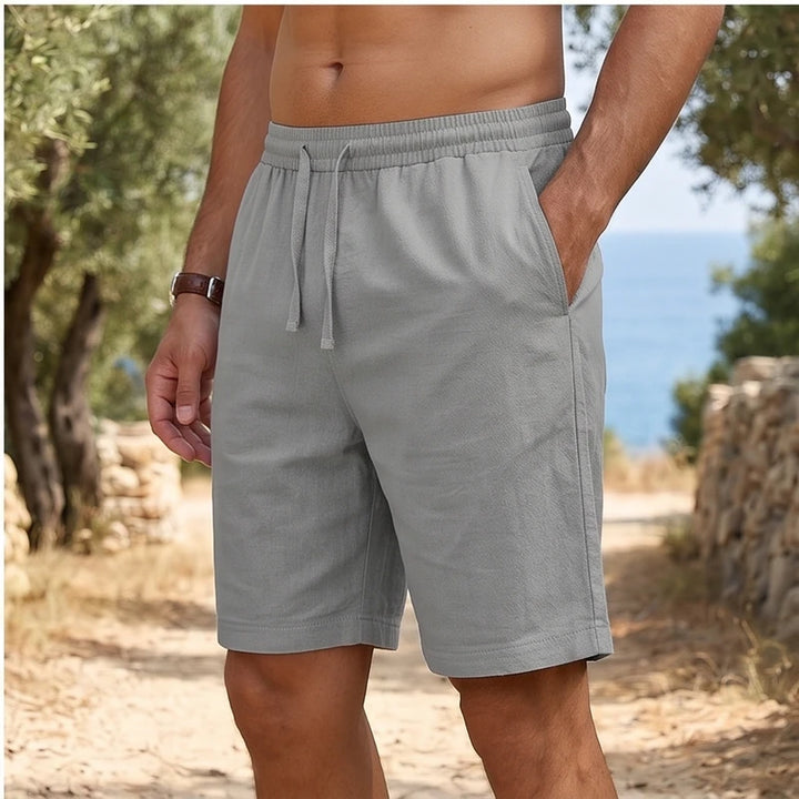 Model wearing Gray New Solid Linen Short Lightweight Gym Man Casual Pants Oversize Beach Hawaiian Baggy Pants Men Jogging Cotton Large Short Homme outdoors - 2