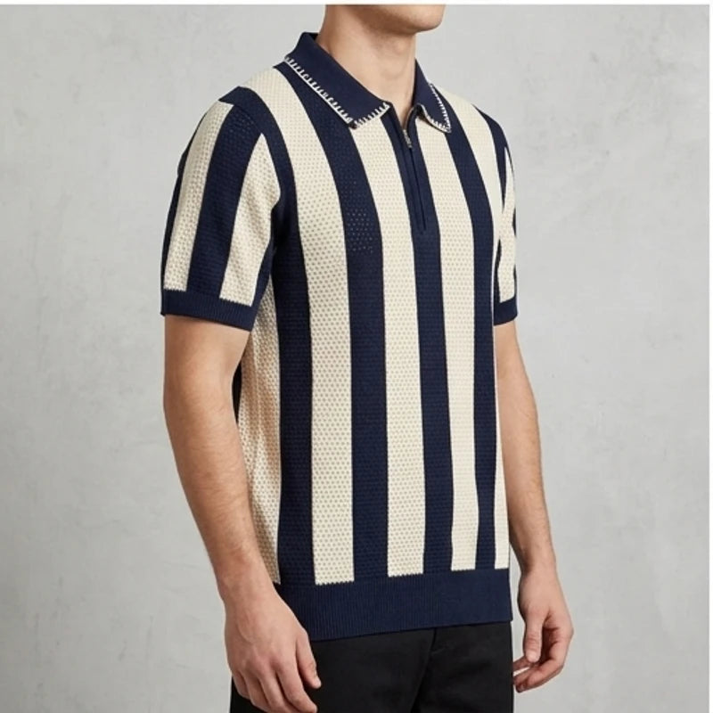 Model wearing Blue Corbin Cotton Knit Polo Shirt in studio - 2