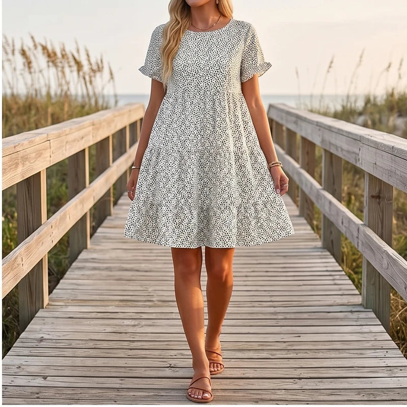 Model wearing White Dotted Mini A-Line Sundress with Short Sleeves outdoors - 2