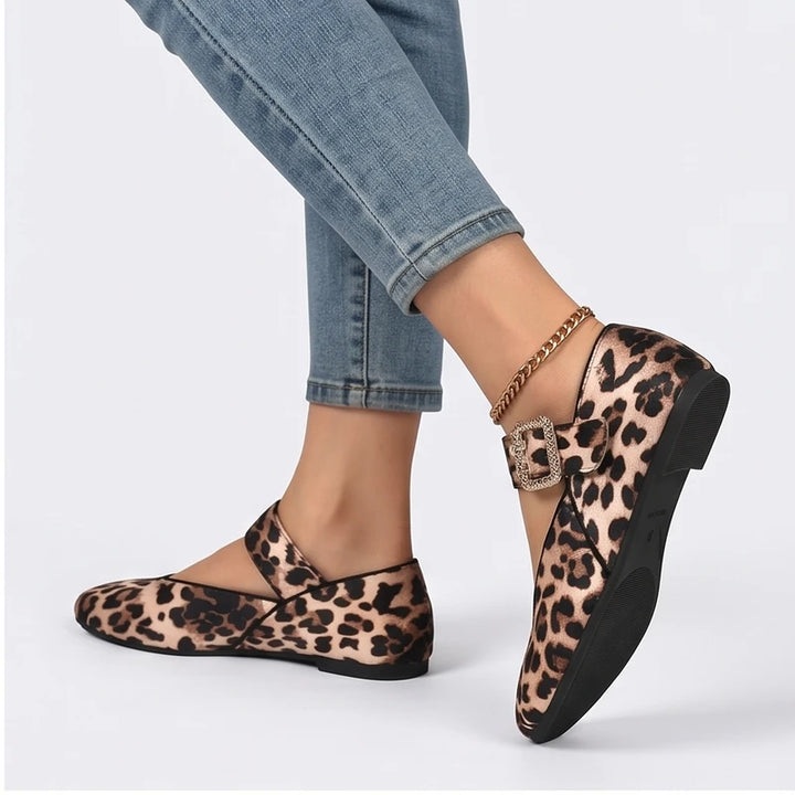 Model wearing Leopard Larkin Buckle Mary Jane Flats in studio - 2