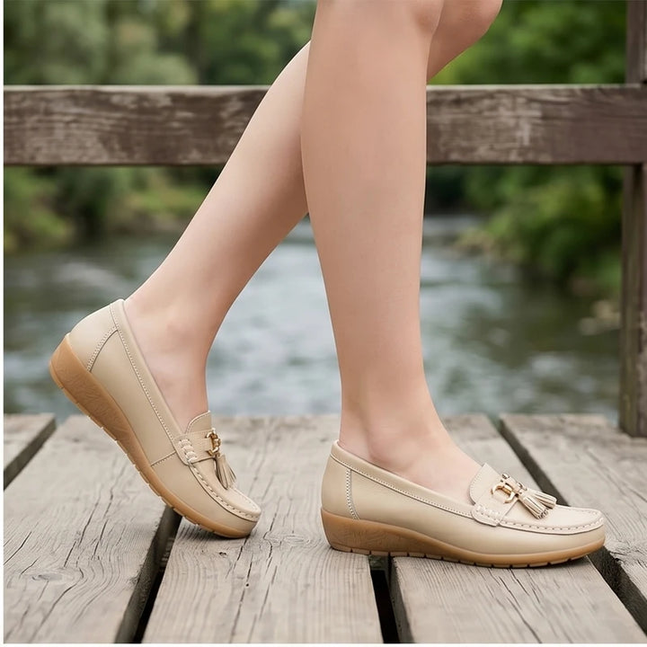 Model wearing Beige01 Shoes for Women Casual White Slip On Loafers Sneakers Woman Soft Low Heels Sports Tennis Woman Casual Sneaker Female Footwear outdoors - 2