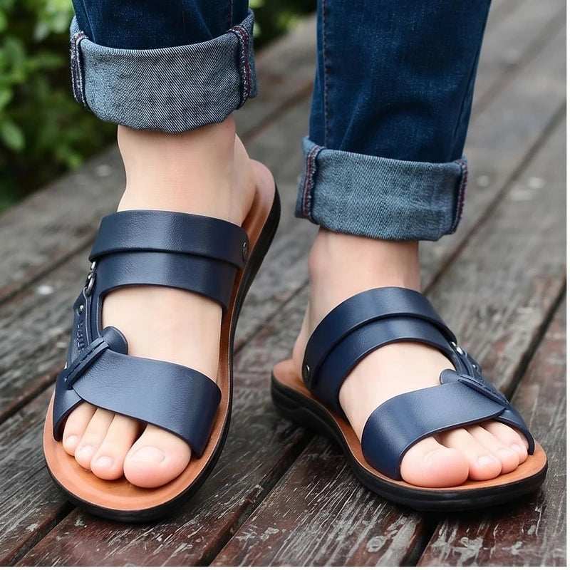 Model wearing Navy Meridian Genuine Leather Slip-On Fisherman Sandals outdoors