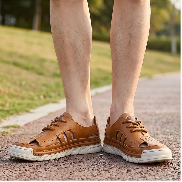 Model wearing Brown New Arrival Men Leather Sandals Slip on Beach Shoes Breathable Summer Casual Shoe Light Sandales Non Slip Male Wading Aqua Shoes outdoors