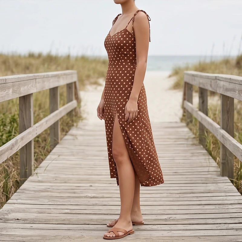 Model wearing Brown Cortez Polka Dot Midi Dress outdoors - 3