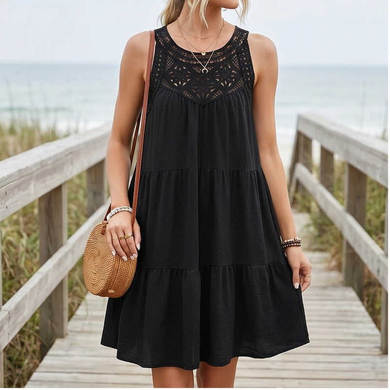 Model wearing Black Azura Cotton Crochet Tiered Dress outdoors