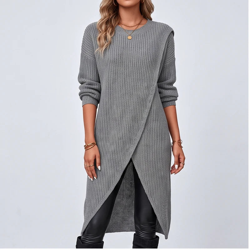 Model wearing Gray knit sweater in a studio