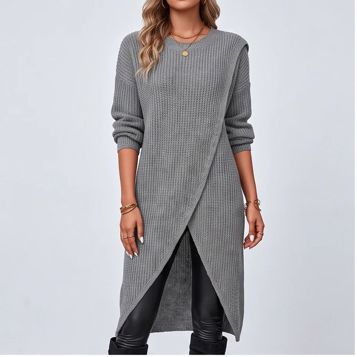 Model wearing Gray knit sweater in a studio