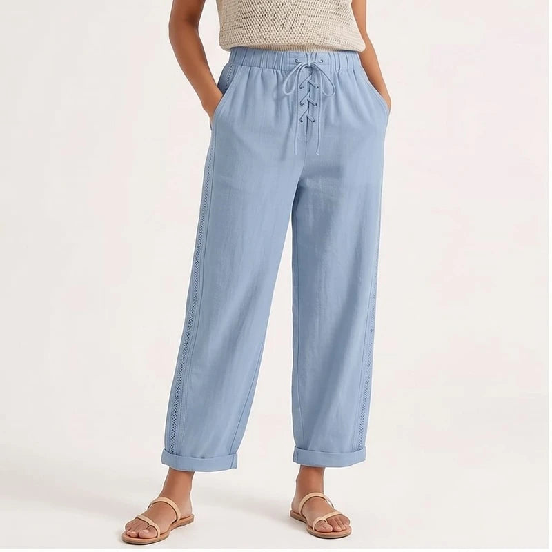 Model wearing Light Grey Wide Leg Pants Women Casual Straight Ankle Length Trousers High Waist Elastic Waist Lace Up Pockets Slacks 2025 Streetwear in studio