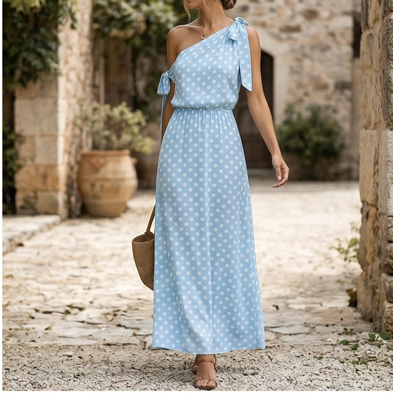 Model wearing Blue Sexy Off Shulder Hight Waist Maxi Dress 2026 Fashion Bow Lace-Up Party Dress Elegant Polka Dot Print Sleeveless Long Dress outdoors - 2