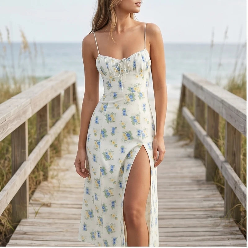 Model wearing White Seraphine Floral Midi Slip Dress outdoors