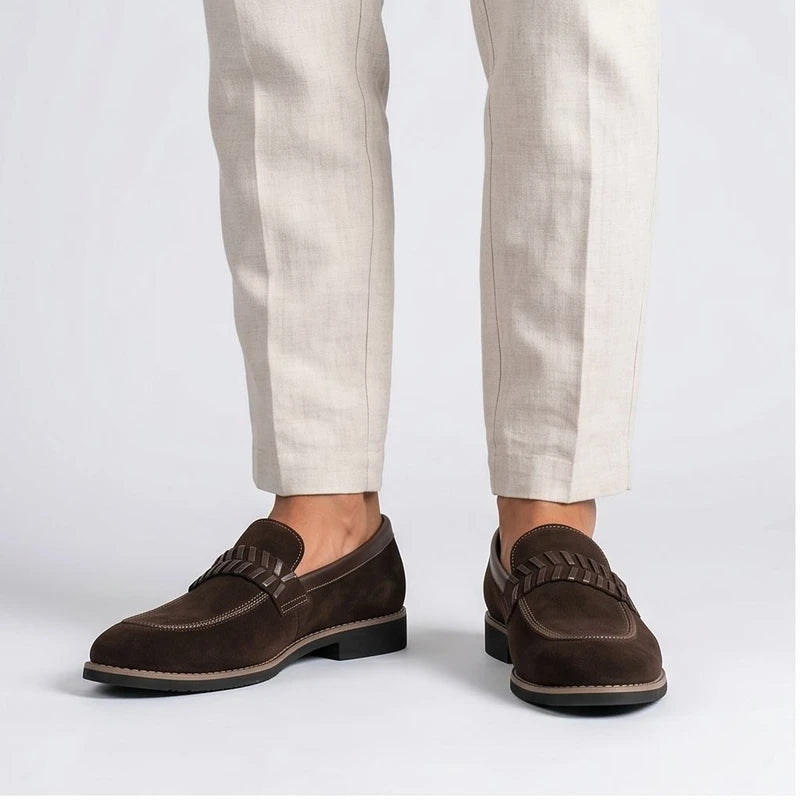 Model wearing Brown Driscoll Suede Penny Loafers [needs new images[ in studio