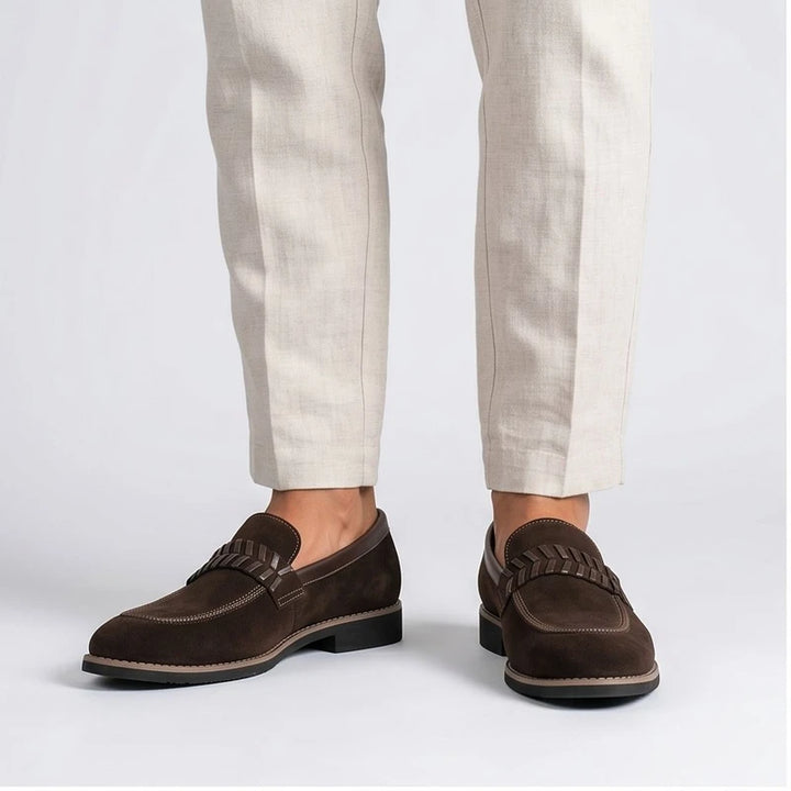 Model wearing Brown Driscoll Suede Penny Loafers [needs new images[ in studio