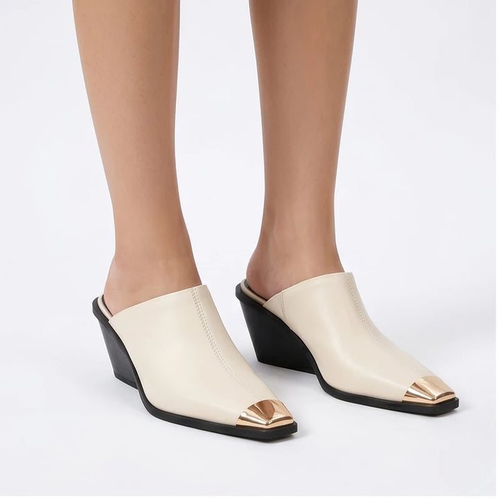 Model wearing White Bardot Genuine Leather Square Toe Mules in studio