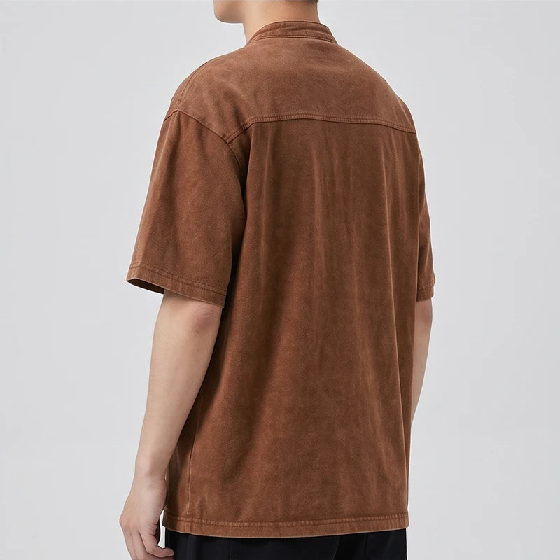 Model wearing Brown Renn Faded Mandarin Collar Shirt in studio - 4