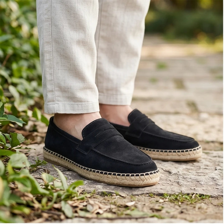 Model wearing Navy blue Men's Jute Espadrilles Slip on Loafers Cow Suede Leather Casual Shoes outdoors