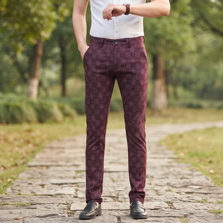 Model wearing Burgundy cotton pants outdoors