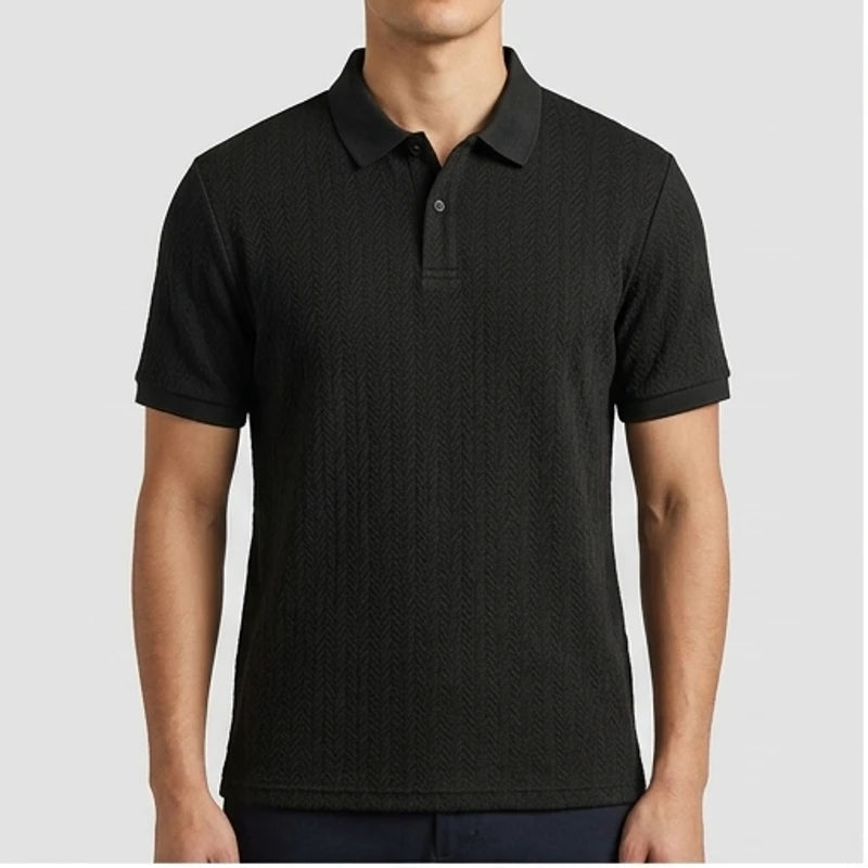Model wearing Black Ashby Textured Knit Polo Shirt in studio