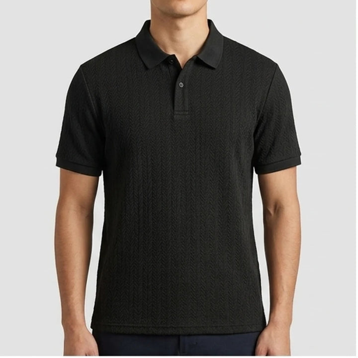 Model wearing Black Ashby Textured Knit Polo Shirt in studio