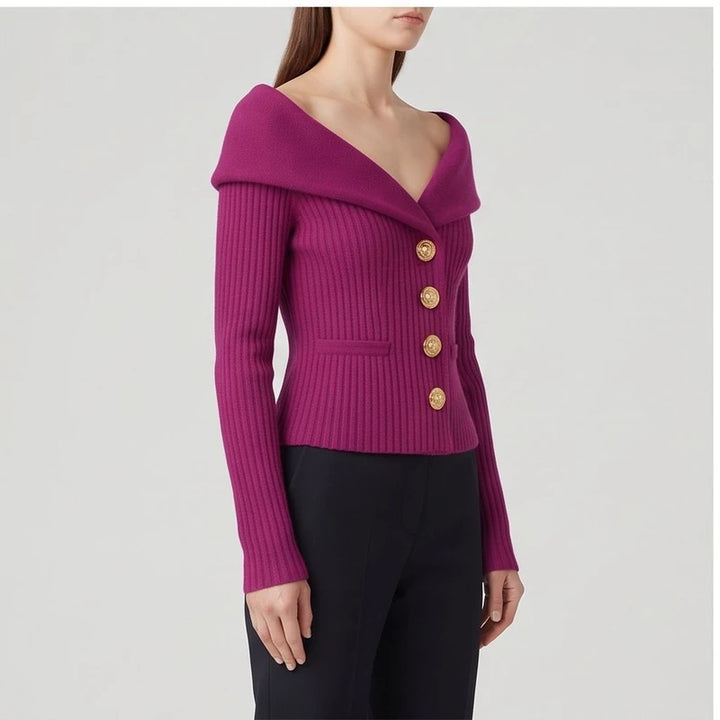 Model wearing purple knitted jacket in a studio - 2