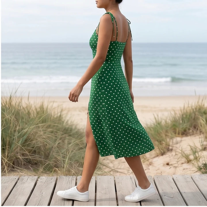 Model wearing Green Cortez Polka Dot Midi Dress outdoors - 2