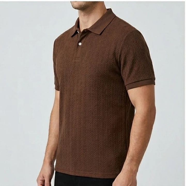 Model wearing Brown Ashby Textured Knit Polo Shirt in studio - 2