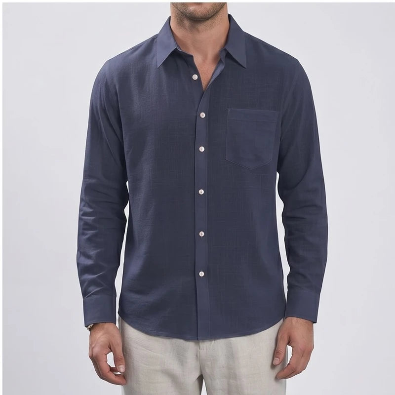 Men's navy blue linen long-sleeve button-up shirt.