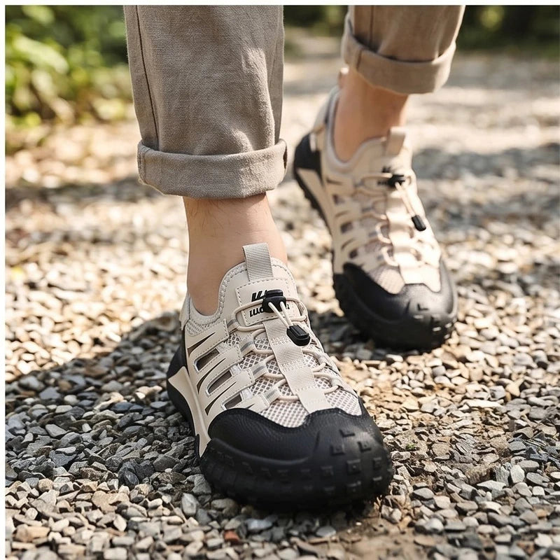 Model wearing Beige Colby Mesh Amphibious Sandals outdoors - 3