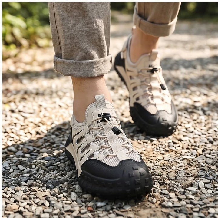 Model wearing Beige Colby Mesh Amphibious Sandals outdoors - 3