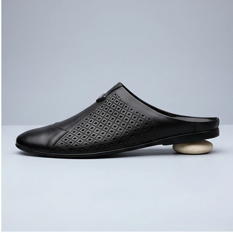 Black 2 Italian Mens Slippers Genuine Leather Muller Shoes Men Loafers Outdoor Non-slip Black Casual Half Slipper Men Fashion Shoes Man product photo - 2