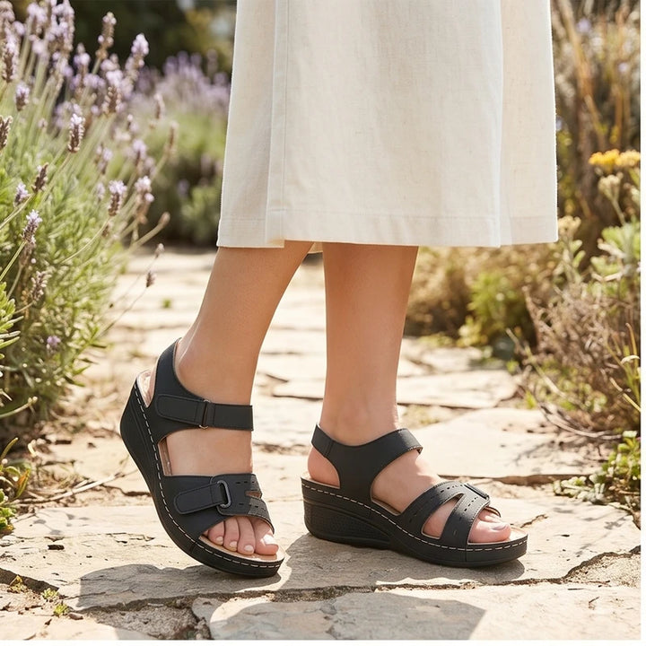 Model wearing Black Customizable Summer Women Sandals Vintage Roman Sandals Female Fashion Non Slip Beach Shoes Open Toe Walking Women Shoes outdoors