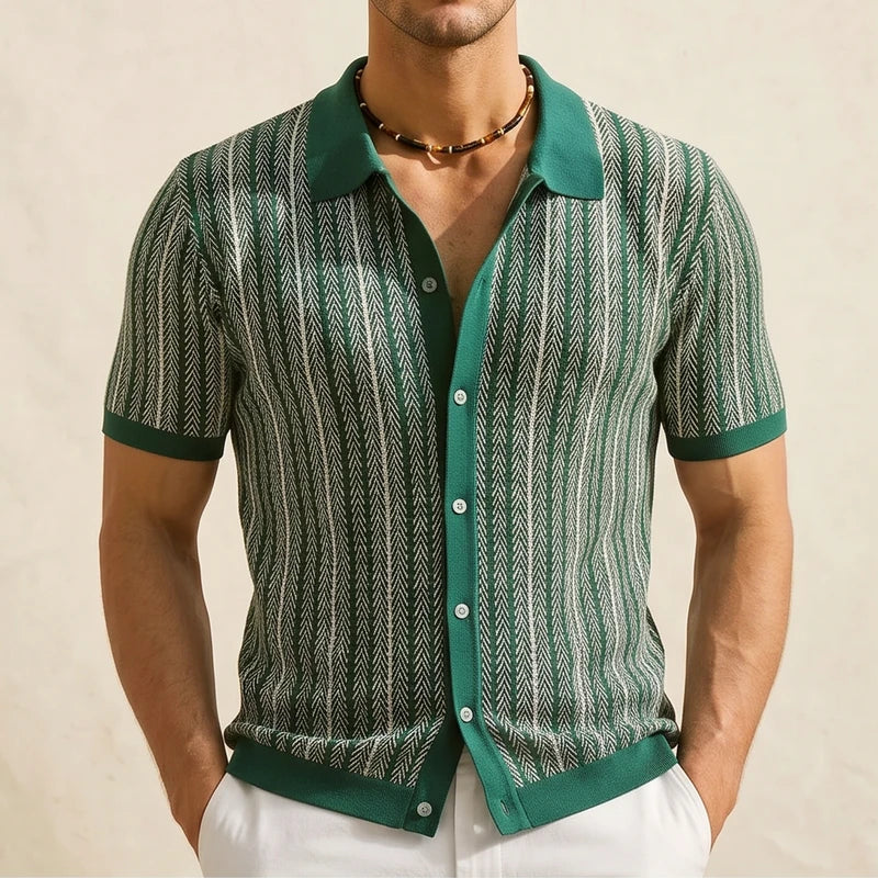 Model wearing Green Calder Striped Button-Up Shirt in studio