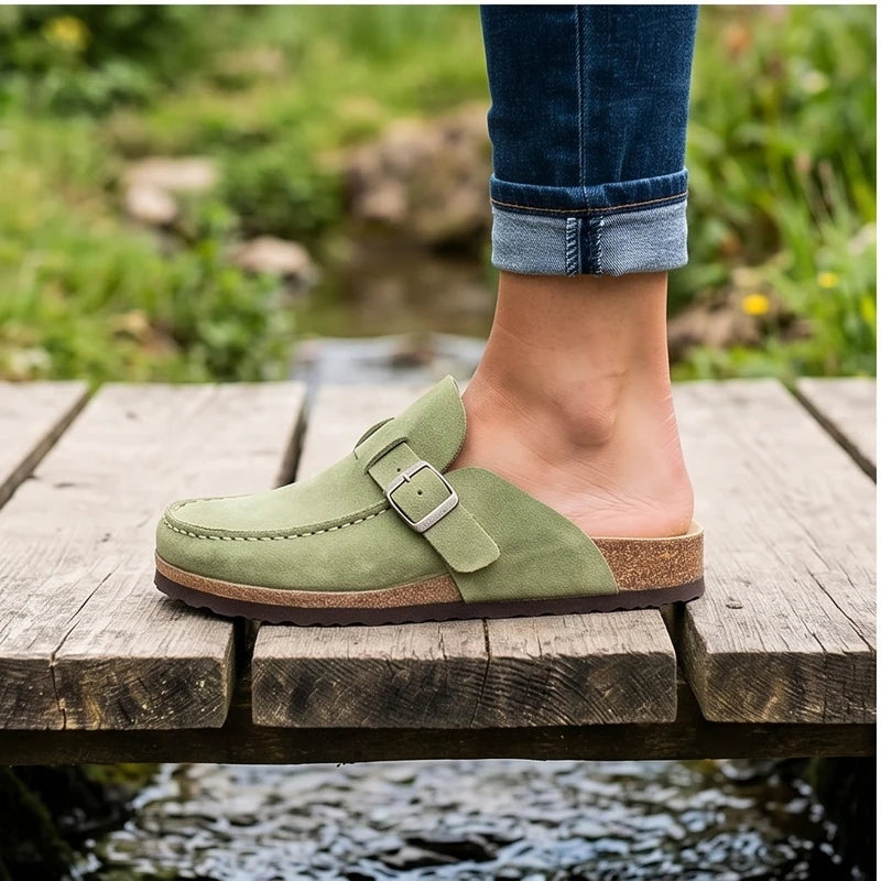 Model wearing Green 2026 New Women's Shoes Slip on Female Flats Durable Belt Buckles Mules Fashion Wear Resistant Women Half Slippers Retro Zapatos outdoors - 3