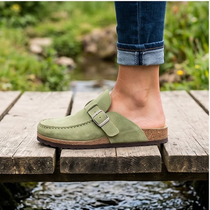 Model wearing Green 2026 New Women's Shoes Slip on Female Flats Durable Belt Buckles Mules Fashion Wear Resistant Women Half Slippers Retro Zapatos outdoors - 3