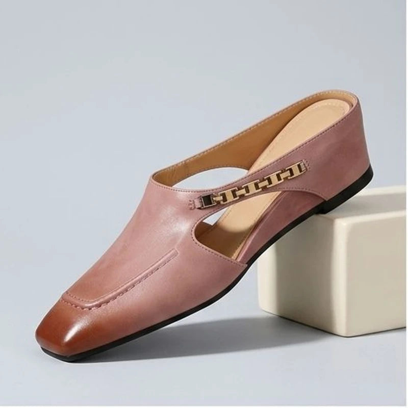 Pink leather square-toe mules with gold chain accent