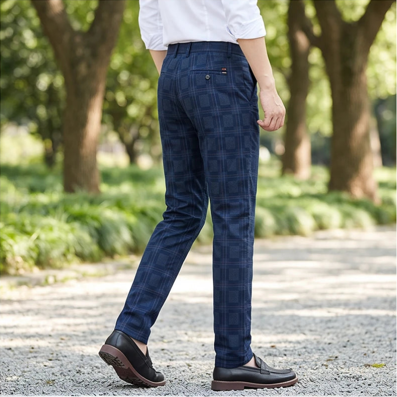 Model wearing Navy cotton pants outdoors - 2
