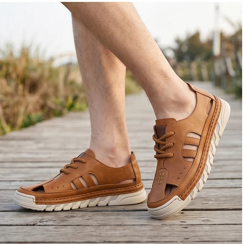 Model wearing Brown New Arrival Men Leather Sandals Slip on Beach Shoes Breathable Summer Casual Shoe Light Sandales Non Slip Male Wading Aqua Shoes outdoors - 2