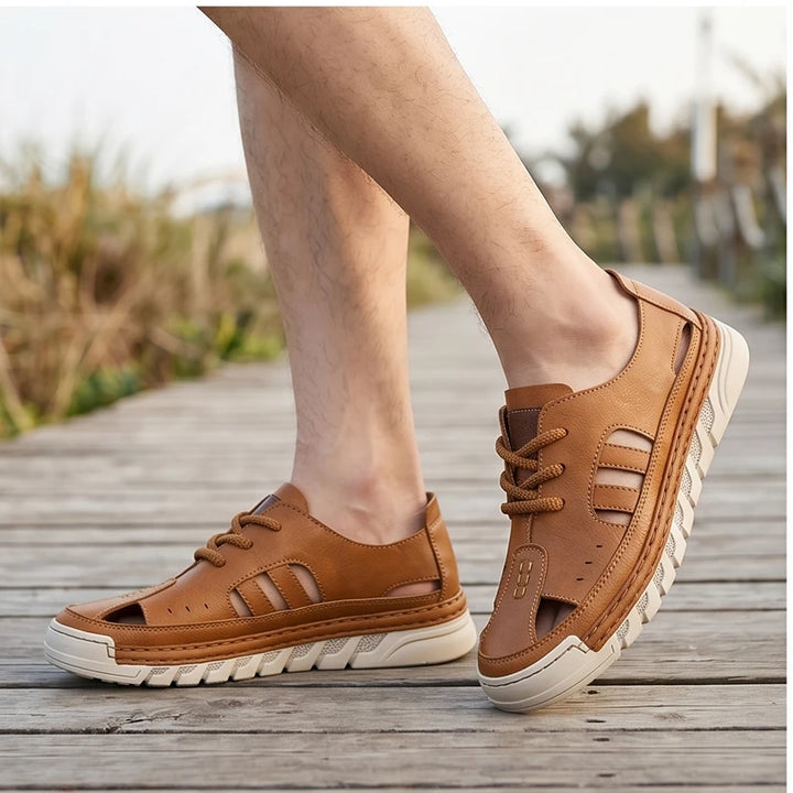 Model wearing Brown New Arrival Men Leather Sandals Slip on Beach Shoes Breathable Summer Casual Shoe Light Sandales Non Slip Male Wading Aqua Shoes outdoors - 2