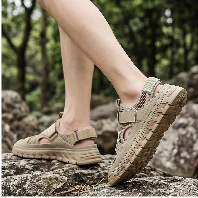 Model wearing Beige Ridgeway Mesh Sport Sandals outdoors - 2