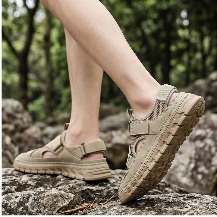 Model wearing Beige Ridgeway Mesh Sport Sandals outdoors - 2