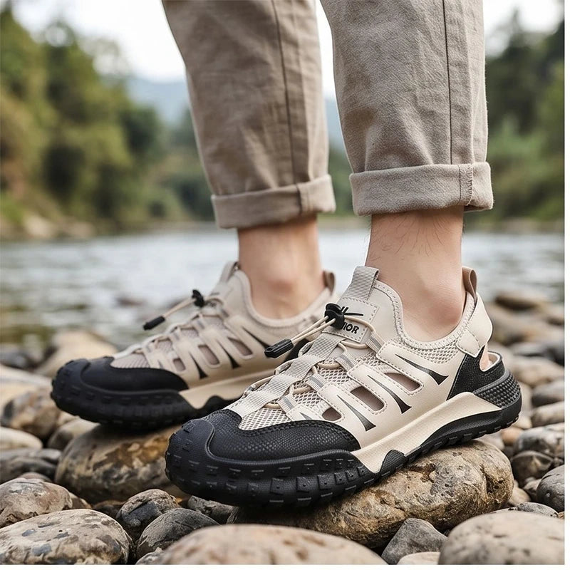 Model wearing Beige Colby Mesh Amphibious Sandals outdoors