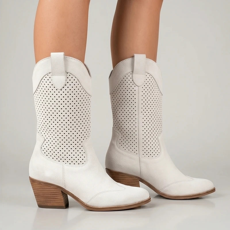 Model wearing White Gideon Suede Western Ankle Boots in studio - 2