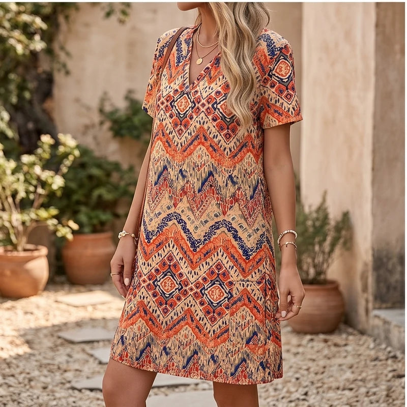 Model wearing B Women's Dress New Summer Casual V-Neck Wedding Loose Dress Short Sleeve Fashion Beach Vacation Wear dress outdoors - 3