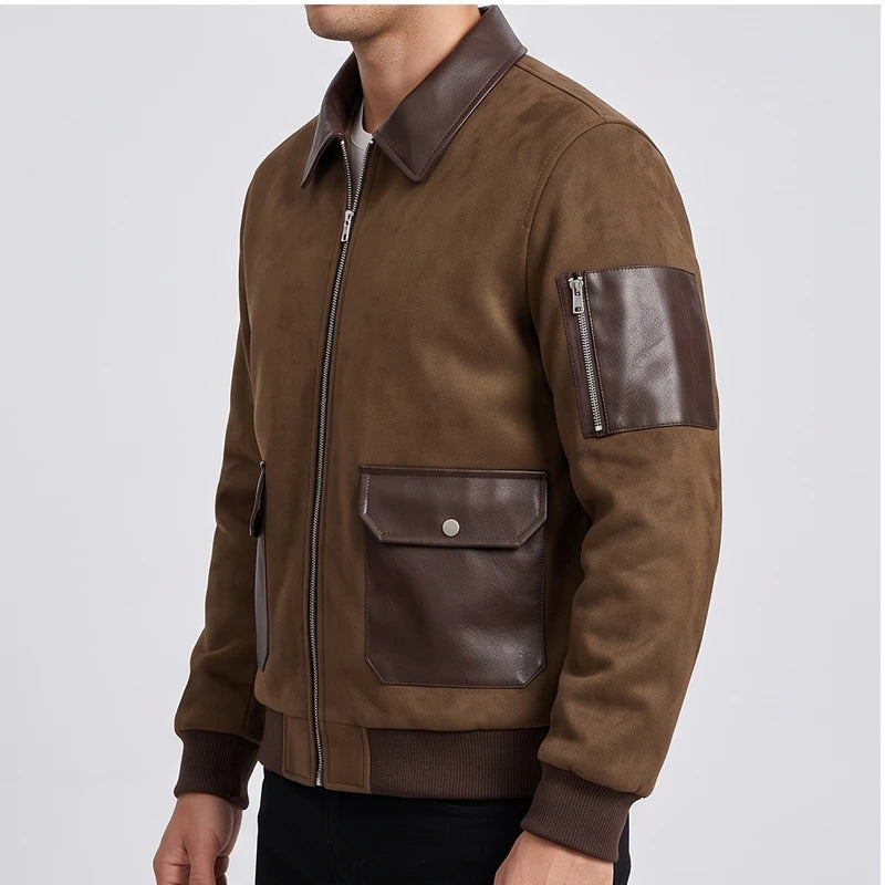 Model wearing Brown suede jacket in a studio