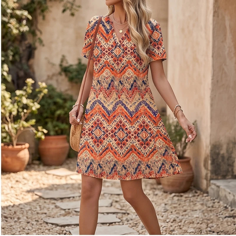 Model wearing B Women's Dress New Summer Casual V-Neck Wedding Loose Dress Short Sleeve Fashion Beach Vacation Wear dress outdoors - 2